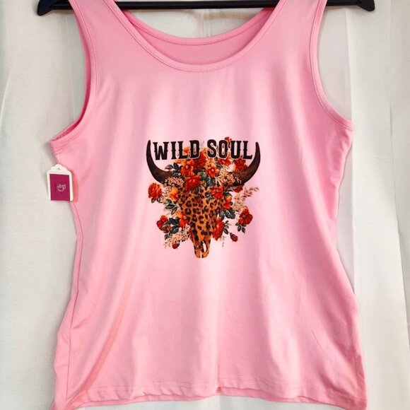 Pink Leopard Print Cow Skull and Flowers " Wild Soul "Tank Top Medium - Picture 1 of 6